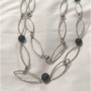 40" Silver Tone Chain style w/ Black & silver Beads Necklace Double Strand